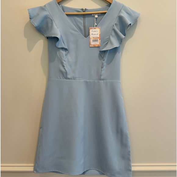 TCEC Light Blue Mini Dress Ruffle Accent Size M Short Sleeves V Neck - Picture 3 of 13